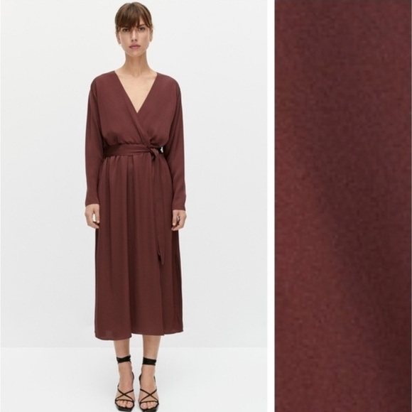 Massimo Dutti Brown Satin Faux Wrap‎ Dolman Sleeve Side Slits Midi Dress Size M - Picture 1 of 16